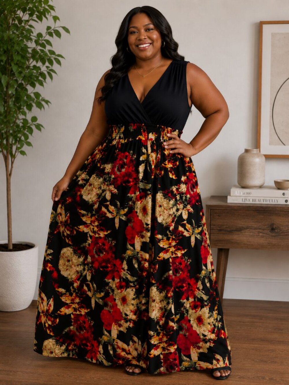 ✨ Sleeveless Black and floral maxi dress